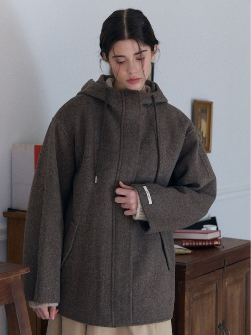 hood На молнии handmade Полу coat_brown Herringbone