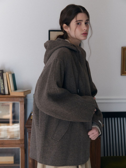 hood На молнии handmade Полу coat_brown Herringbone