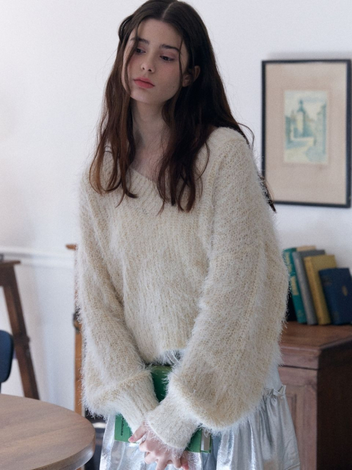 v neck feather knit_butter