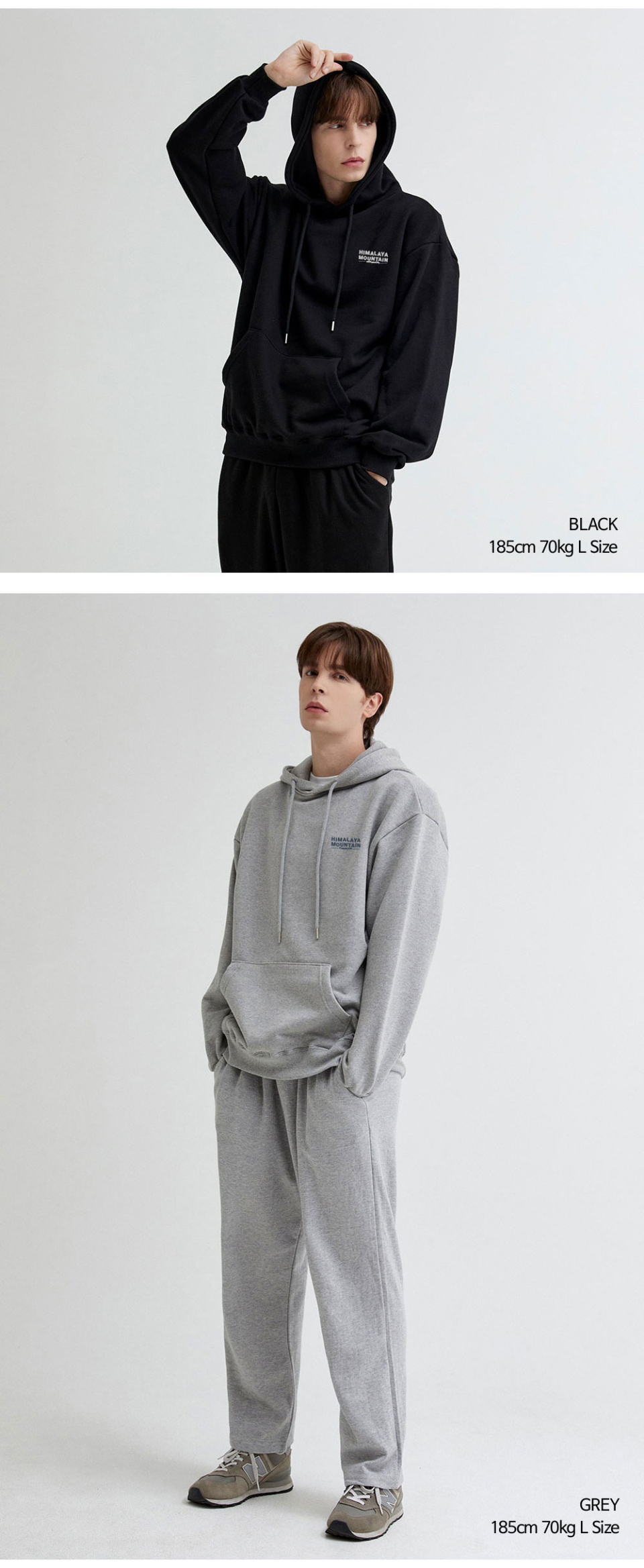 히말라야 산모양 전사를 찍은 네이비색상 후드티를 입은 남자 사진,히말라야 산모양 전사를 찍은 그레이색상 후드티를 입은 남자 사진