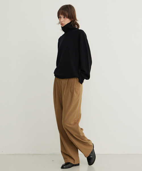 Wool Blend Wide Pleated Slacks_CARAMEL