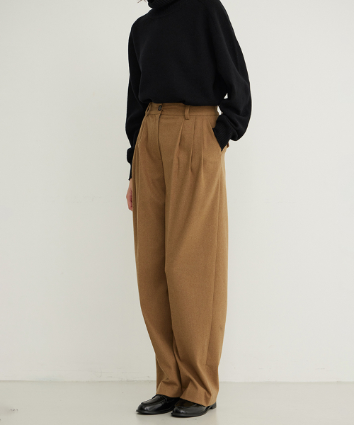 Wool Blend Wide Pleated Slacks_CARAMEL