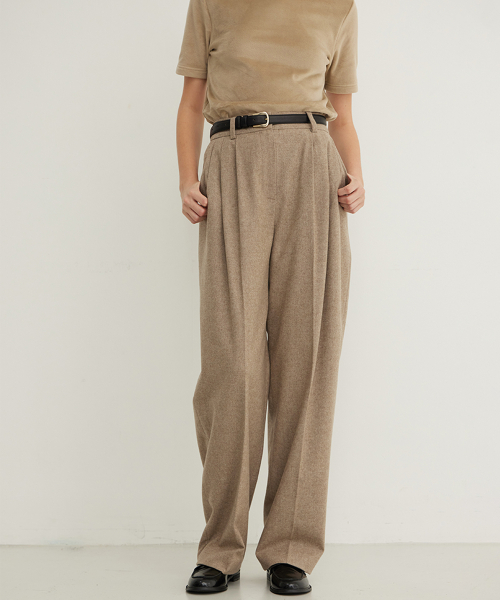 Wool Blend Wide Pleated Slacks_TAUPE