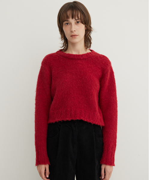 Brushed Crop Round knit_DEEP ROSE