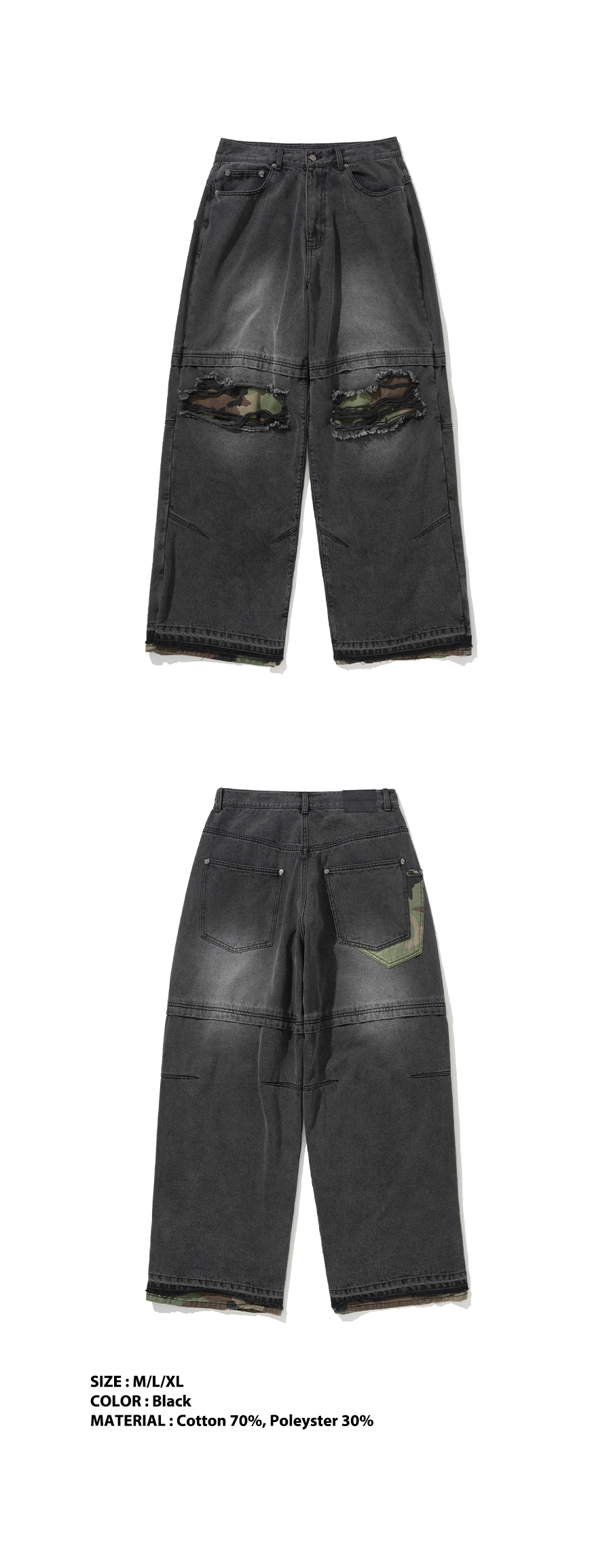 MUSINSA | NOT4NERD Camo Patch Work Layered Denim Pants - Black