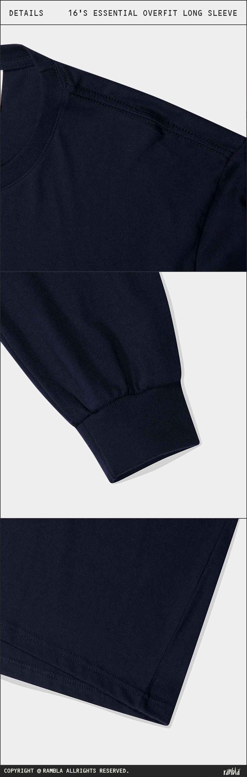 네이비 컬러의 16수 소재의 긴팔티셔츠 디테일 사진