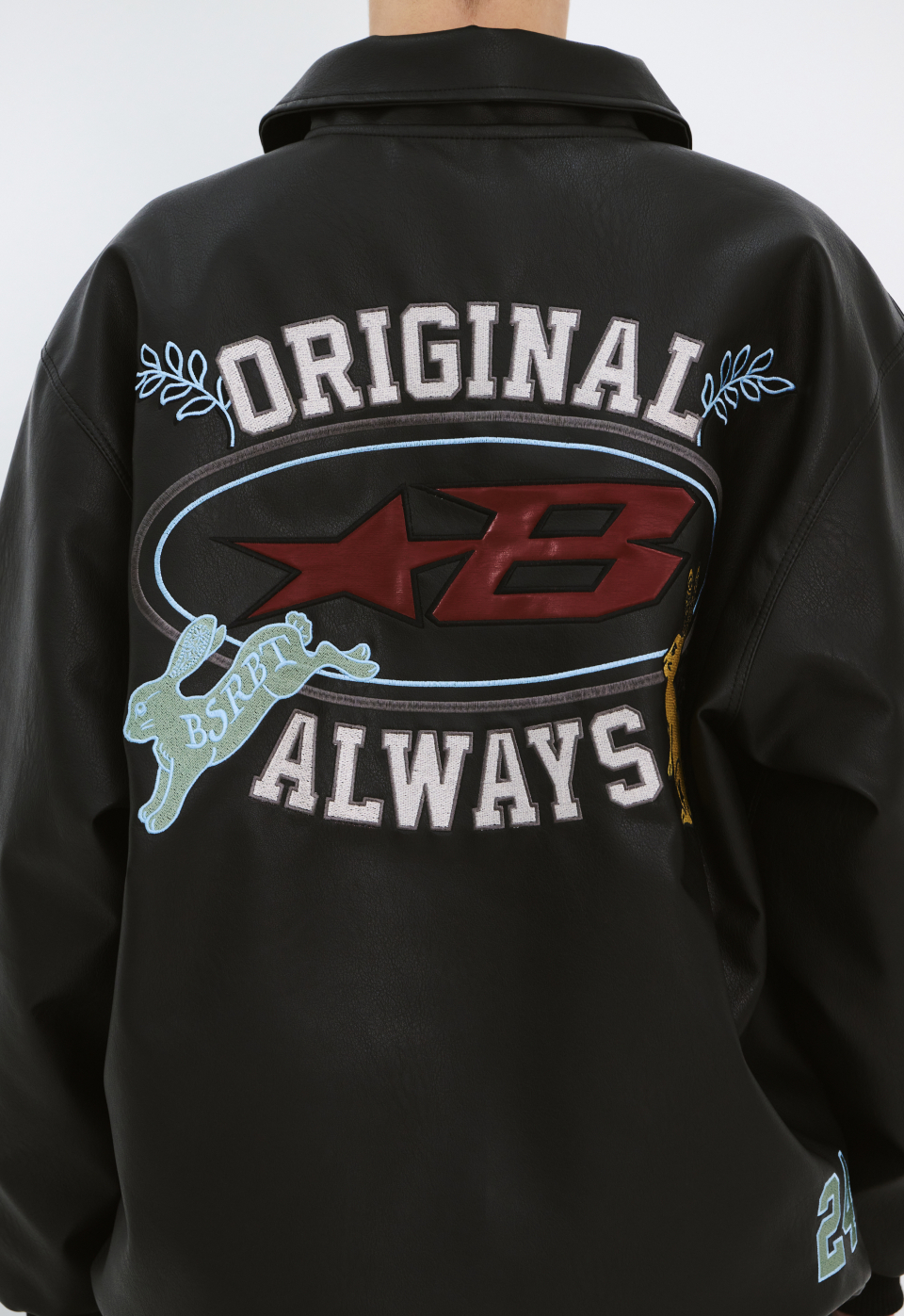 MUSINSA | BSRABBIT Star B Varsity Jacket Vintage Leather Black