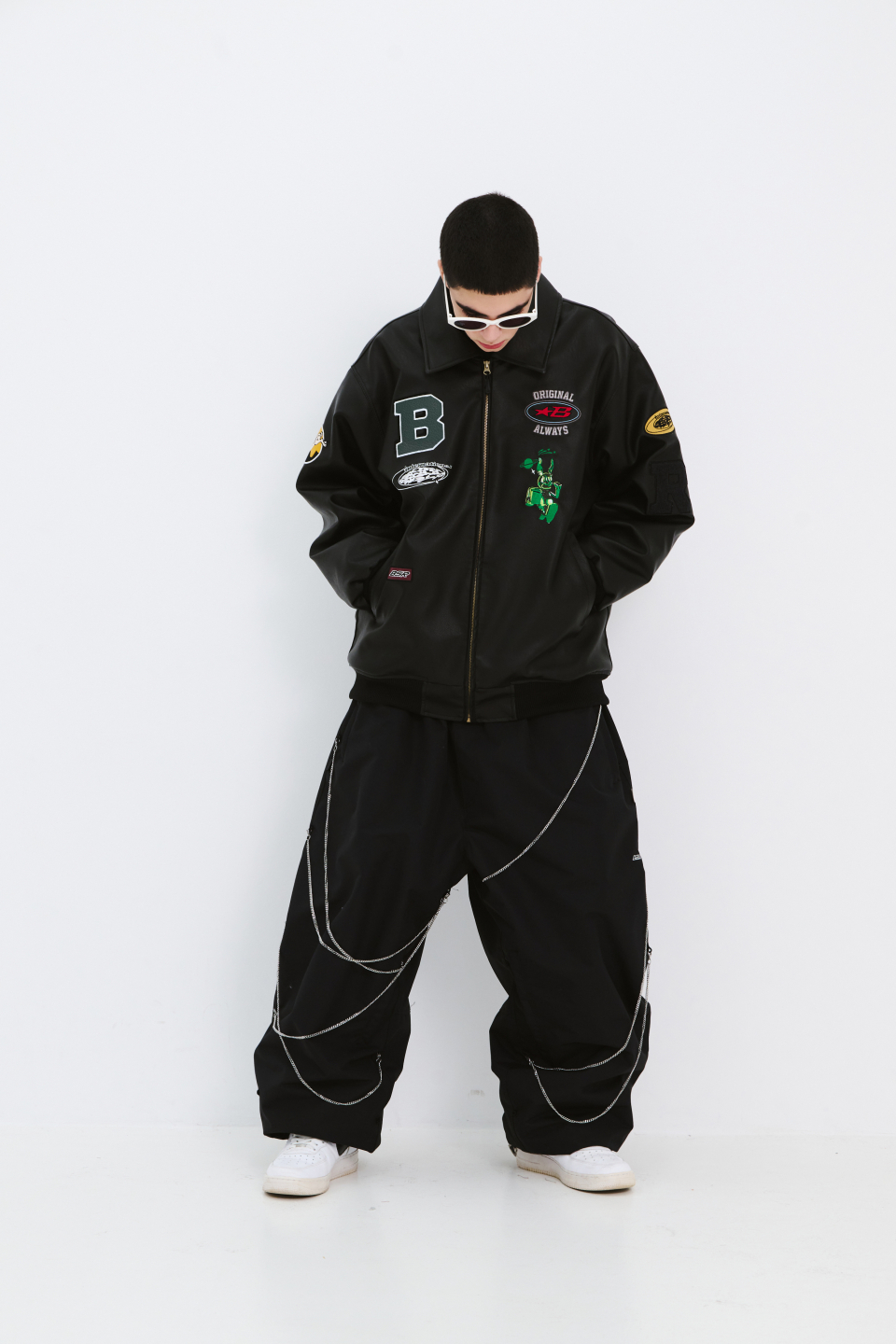 MUSINSA | BSRABBIT Star B Varsity Jacket Vintage Leather Black