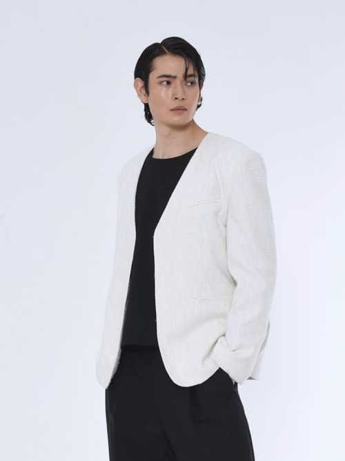 MENS COLLARLESS TAILORED JACKET_WHITE