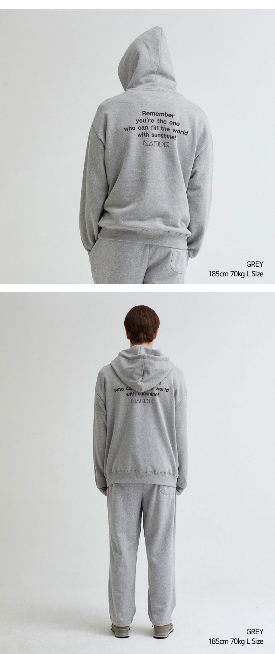 그레이색상 REMEMBER 전사가 찍힌 후드티를입은 남자 사진