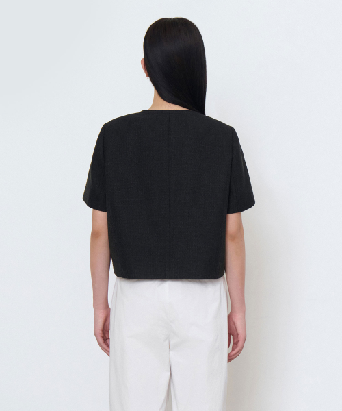 WOMENS ROUND NECK TWEED CROP SHORT-SLEEVE JACKET [BLACK]