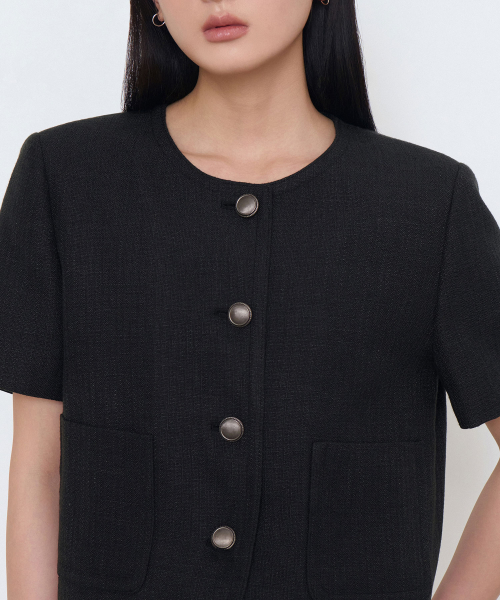 WOMENS ROUND NECK TWEED CROP SHORT-SLEEVE JACKET [BLACK]