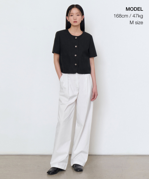 WOMENS ROUND NECK TWEED CROP SHORT-SLEEVE JACKET [BLACK]