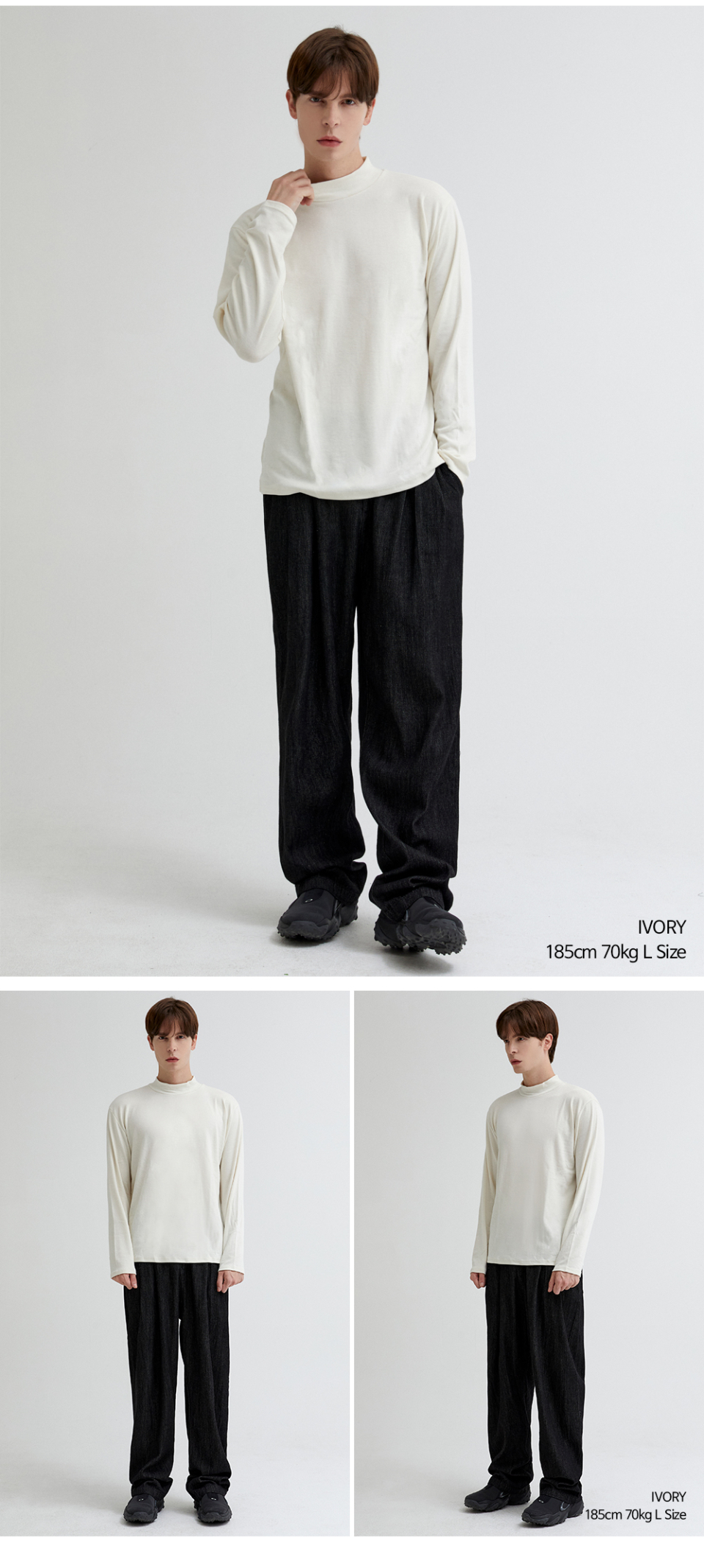 아이보리색상 하프 폴라 티셔츠를 입은 남자사진