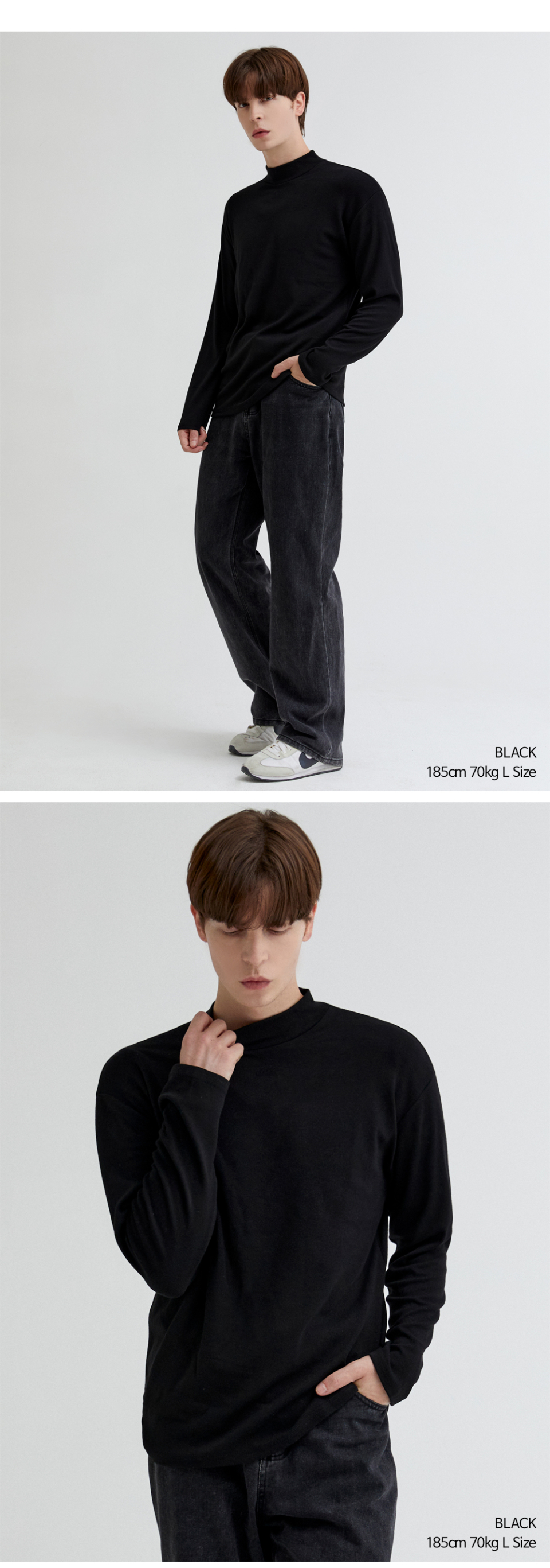 블랙색상 하프 폴라 티셔츠를 입은 남자사진