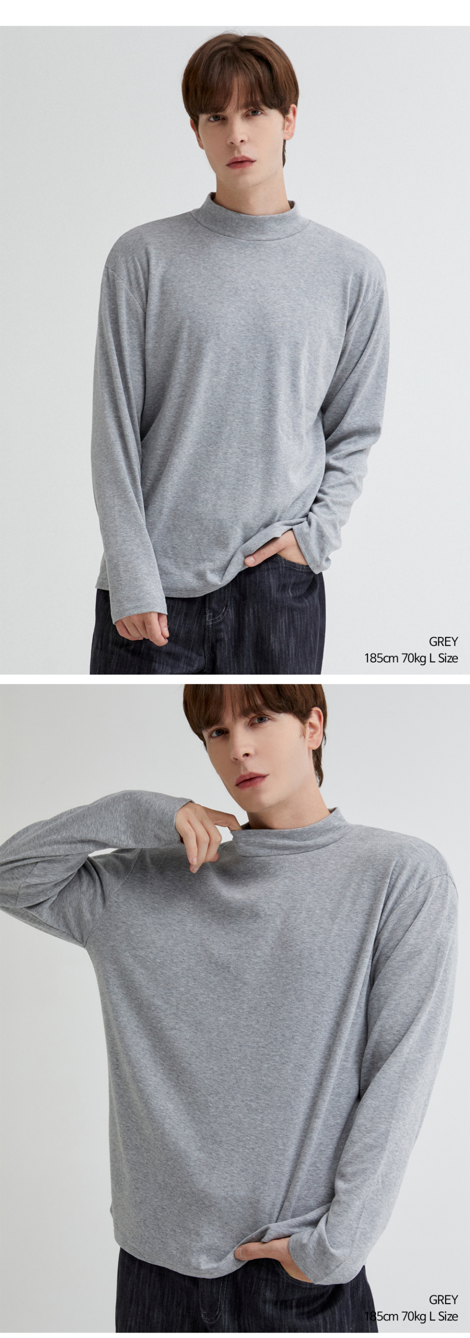 그레이색상 하프 폴라 티셔츠를 입은 남자사진