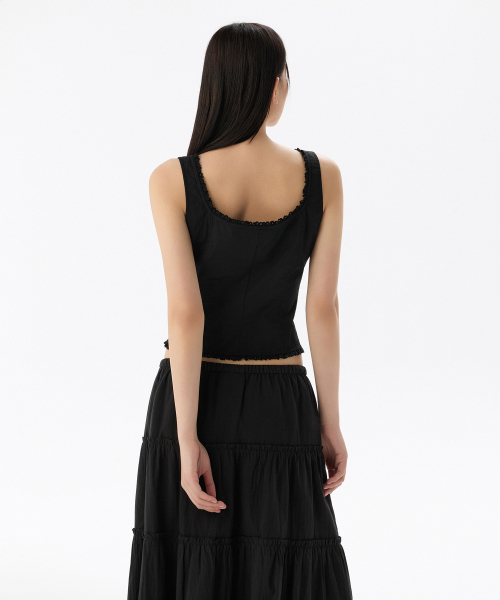 WOMENS LACE TRIM BUTTON SLEEVELESS TOP [BLACK]