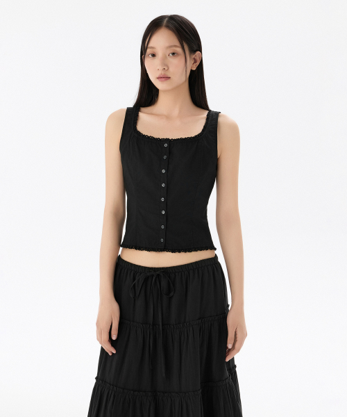 WOMENS LACE TRIM BUTTON SLEEVELESS TOP [BLACK]