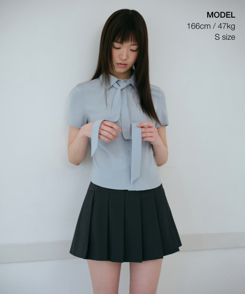 WOMENS SLIM FIT TIE SHORT SLEEVE BLOUSE [CLOUDY BLUE]
