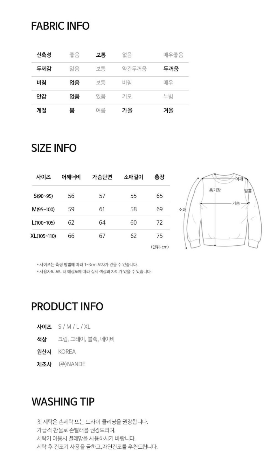 사이즈표(S,M,L,XL)