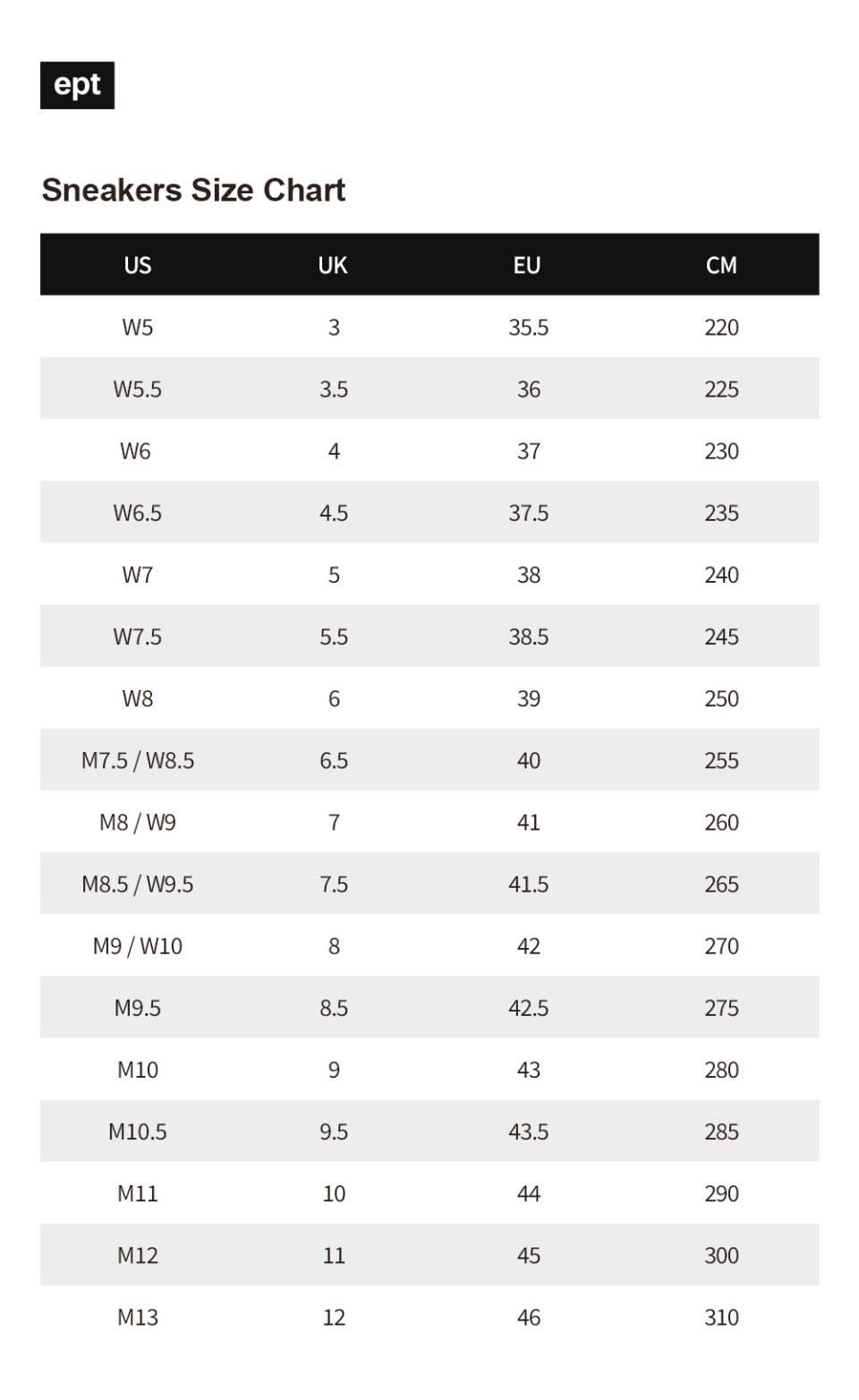 제품 사이즈 차트