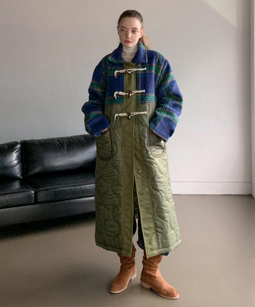Check Mixed Quilting длинный Duffel пальто