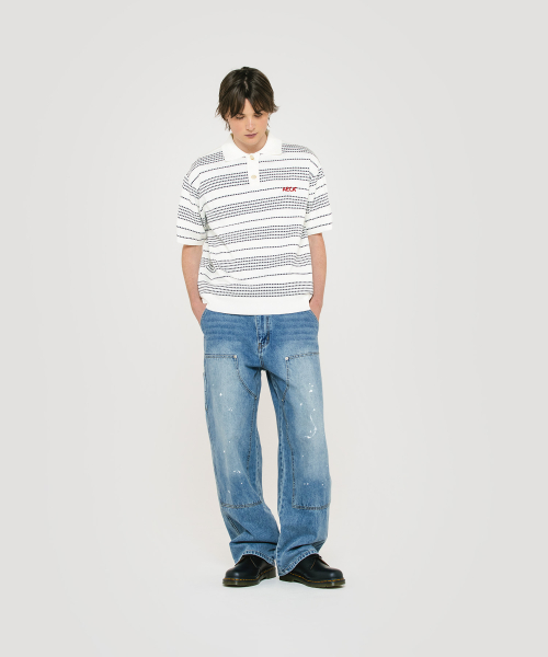 STRIPE STRUCTURE COLLAR NECK HALF KNIT-WHITE/NAVY