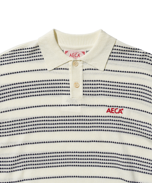 STRIPE STRUCTURE COLLAR NECK HALF KNIT-WHITE/NAVY