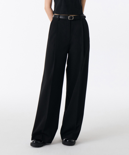 Women's Low Waist Deep Tuck Extra Wide Hidden Banding Slacks [Black] thumbnail 5