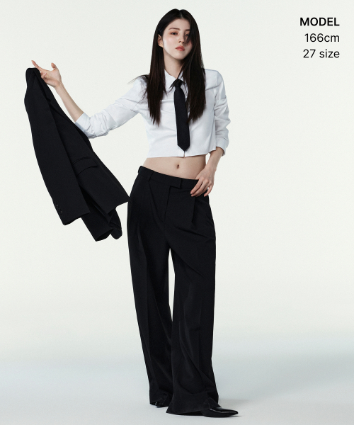 WOMENS LOW WAIST DEEP TUCK EXTRA WIDE HIDDEN BANDING SLACKS [BLACK]