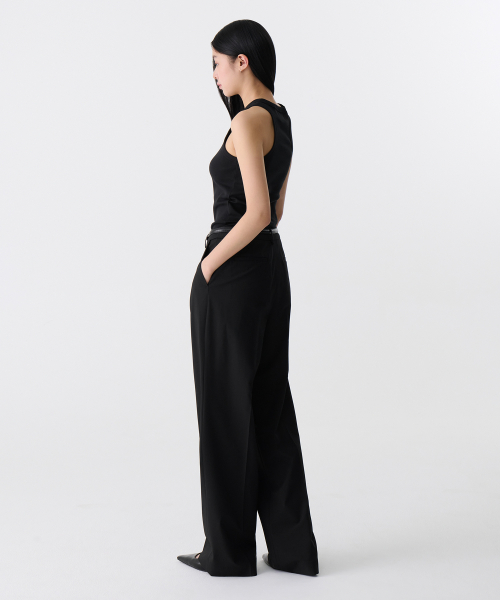 [COOLTANDARD] WOMENS LOW WAIST DEEP TUCK WIDE HIDDEN BANDING SLACKS [BLACK]