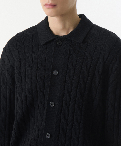 Хлопковый кардиган фактурной вязки с воротником (Black)