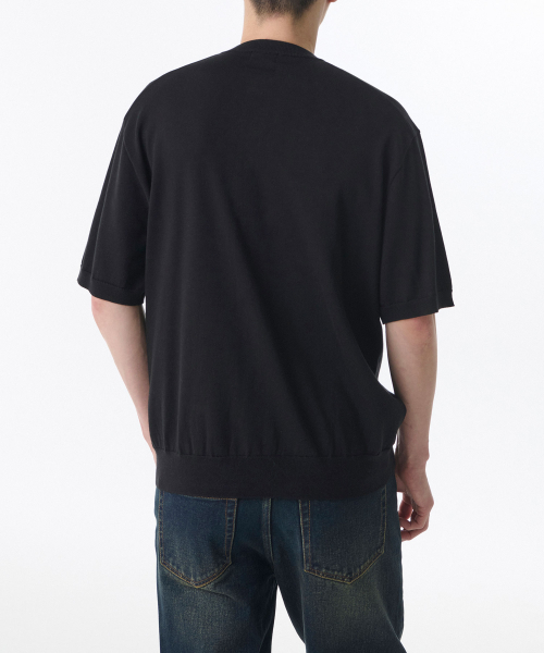 COTTON TENCEL ROUND NECK HALF SLEEVE CARDIGAN [BLACK]