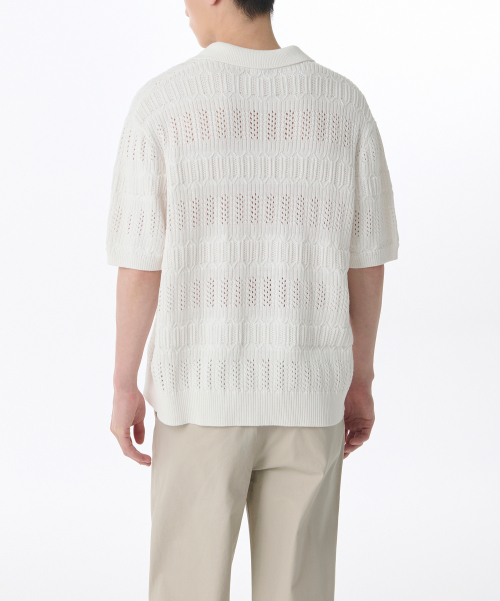 Multi Crocheted Slit Neck Knitted Polo Shirt [Ivory] thumbnail 2