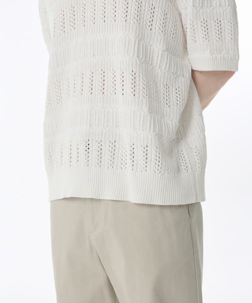 Multi Crocheted Slit Neck Knitted Polo Shirt [Ivory] thumbnail 5