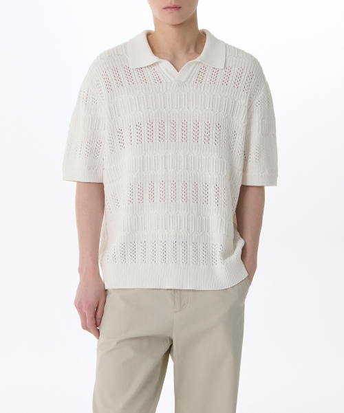 Multi Crocheted Slit Neck Knitted Polo Shirt [Ivory] thumbnail 6