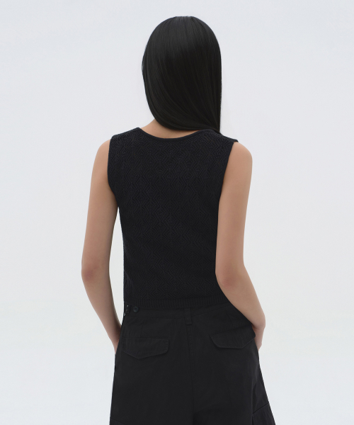 WOMENS RHOMBUS CROCHET KNIT VEST [BLACK]
