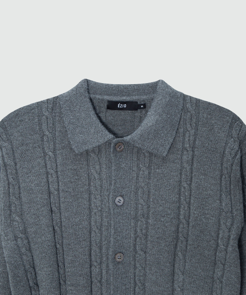 Cable button-up Collar Cardigan_Charcoal