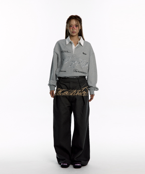 MUSINSA | KASHIKO Embroidered Pintuck Wide Pants Charcoal