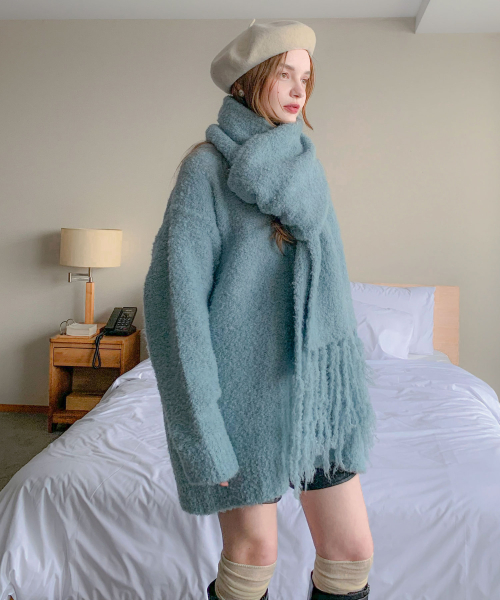 [SET] Glass Boucle V-neck Wool Cardigan+Muffler