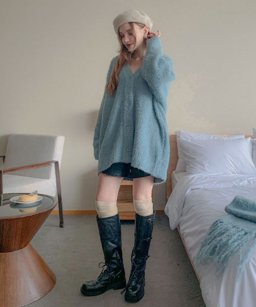 [SET] Glass Boucle V-neck Wool Cardigan+Muffler