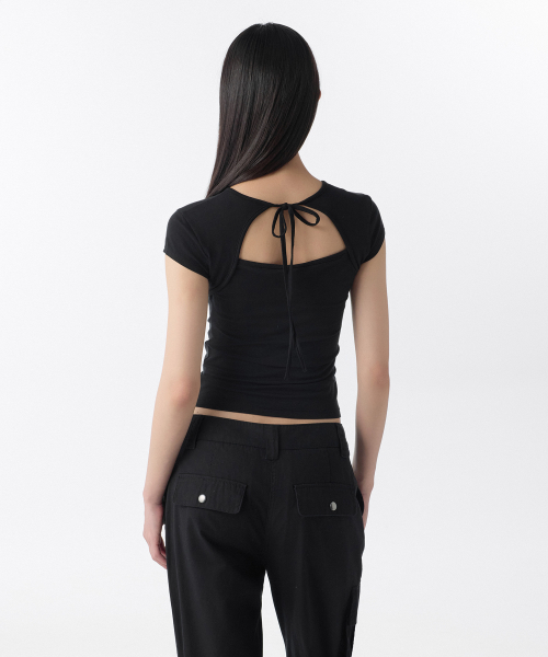 WOMENS TENCEL SLIM TIE-BACK CAP SLEEVE T-SHIRT [BLACK]