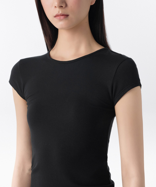 WOMENS TENCEL SLIM TIE-BACK CAP SLEEVE T-SHIRT [BLACK]