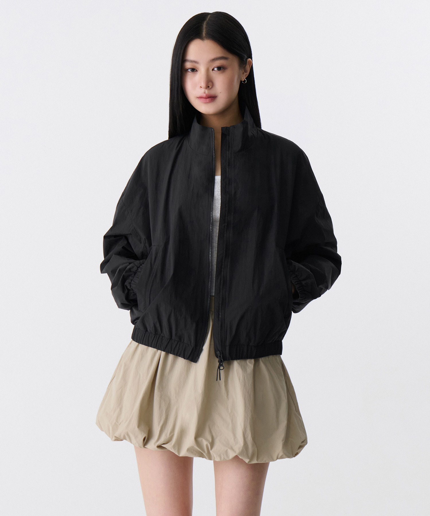 WOMENS OVERSIZE HIGHNECK WINDBREAKER JACKET [BLACK]