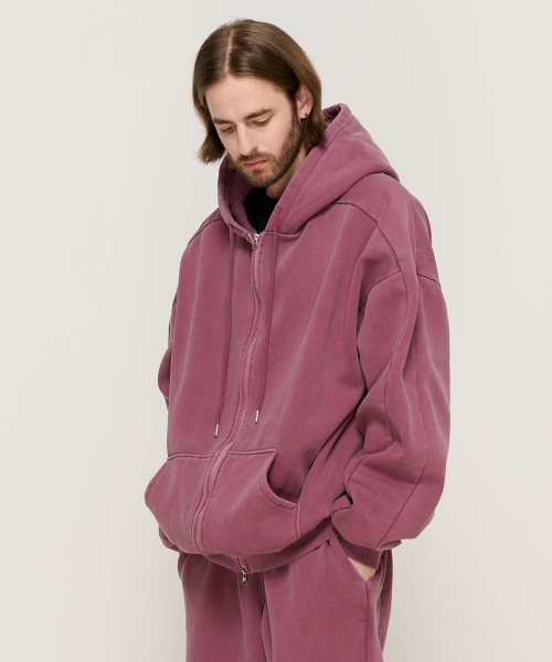 PIGMENT DYING HOOD ZIP-UP (BURGUNDY)