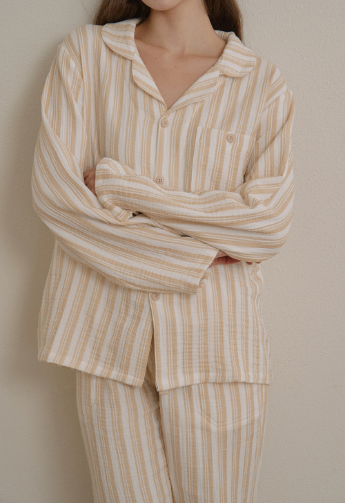 Stripe Pattern Basic Pajama Set (yellow)