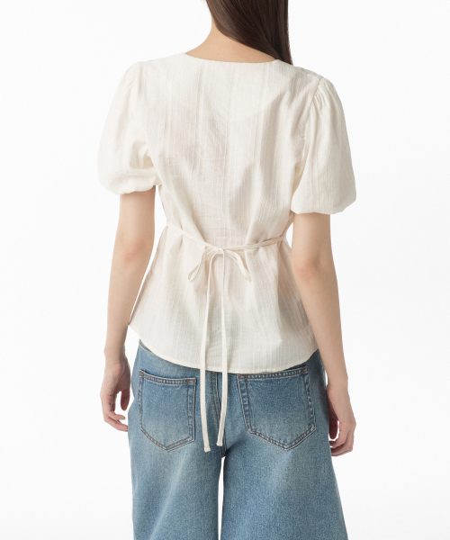 WOMENS COTTON JACQUARD PUFF SLEEVE BLOUSE [IVORY]