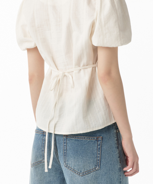 WOMENS COTTON JACQUARD PUFF SLEEVE BLOUSE [IVORY]