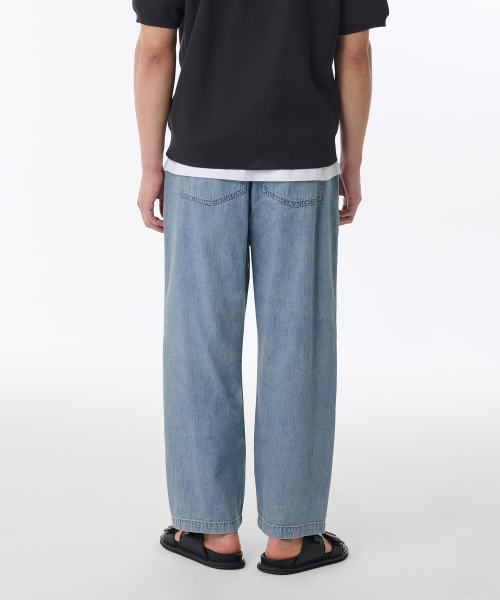 LINEN LIKE LOOSE TAPERED BANDING DENIM PANTS [LIGHT INDIGO]