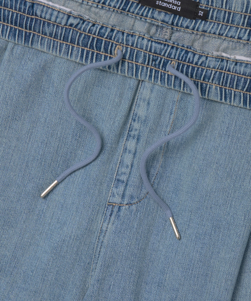 LINEN LIKE LOOSE TAPERED BANDING DENIM PANTS [LIGHT INDIGO]